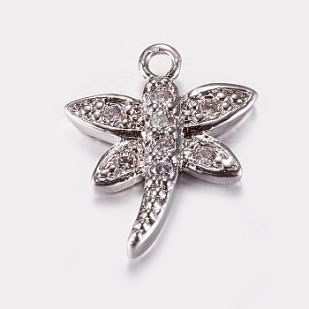 Long-Lasting Plated Brass Micro Pave Cubic Zirconia Charms, Dragonfly, Real Platinum Plated, 14x12x2.5mm, Hole: 1mm