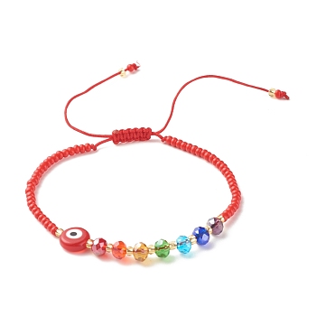 Flat Round Evil Eye Lampwork Braided Bead Bracelet, Glass Seed Beads Adjustable Bracelet for Women, Red, Inner Diameter: 2-3/8~4-1/8 inch(5.9~10.4cm)
