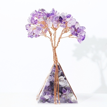 Natural Amethyst Tree of Life Feng Shui Ornaments, with Resin Organite Pyramid, Home Display Decorations, 50x50x110mm