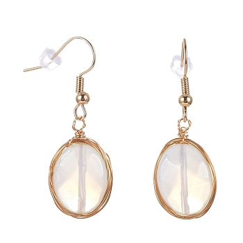 Wire Wrapped Opalite Dangle Earrings, with Golden Plated Brass Earring Hooks and Plastic Ear Nut, Oval, 38~39mm, Pin: 0.7mm