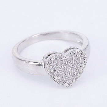 Brass Micro Pave Cubic Zirconia Finger Rings, Heart, Platinum, 16~19mm