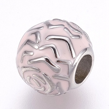 304 Stainless Steel European Beads, Large Hole Beads, with Enamel, Rondelle with Flower, Stainless Steel Color, Misty Rose, 11x9.5mm, Hole: 4.5mm