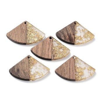 Wood and Resin Pendants, with Gold Foil or Silver Foil, Fan Shaped, Gold, 26x38x3.7mm, Hole: 2mm