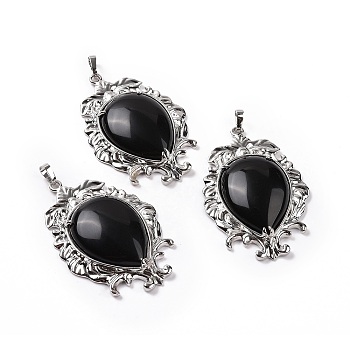 Natural Obsidian Big Pendants, Teardrop Charms, with Rack Plating Platinum Tone Brass Findings, 56x37x8mm, Hole: 7x4.5mm