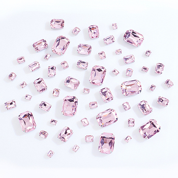 60Pcs 5 Styles Rectangle Octagon Shape Sew on Rhinestone, Glass Rhinestone, 4-Hole Links, with Stainless Steel Setting, Garment Accessories, Light Rose, 8~25x6~18x4~8.5mm, Hole: 0.8~1.2mm