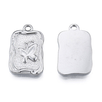 304 Stainless Steel Pendants, Rectangle with Butterfly, Stainless Steel Color, 22x14x2.5mm, Hole: 2mm