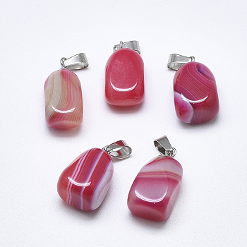 Natural Banded Agate/Striped Agate Pendants, Dyed, with Stainless Steel Snap On Bails, Cuboid, Stainless Steel Color, Red, 20~23x9~13x9~13mm, Hole: 3~4x7~8.5mm