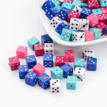 Chunky Mixed Color Acrylic Dice Beads, Size: about 7.5mm long, 7.5mm wide, 7.5mm thick, hole: 1.5mm.