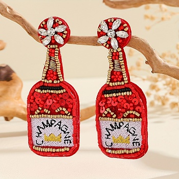 Women's Beaded Stud Earrings with Beer Festival Beer Bottle Design, Versatile Gift, Red, 85x35mm