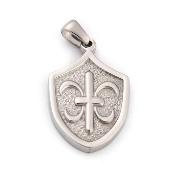 304 Stainless Steel Pendant, Shield with Fleur De Lis, Stainless Steel Color, 29x18x3mm, Hole: 3.5x5mm