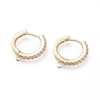 Brass Micro Pave Cubic Zirconia Huggie Hoop Earring Findings, with Horizontal Loops, Ring, Clear, Golden, 15.5x14.5x2mm, Hole: 1mm, pin: 0.9mm