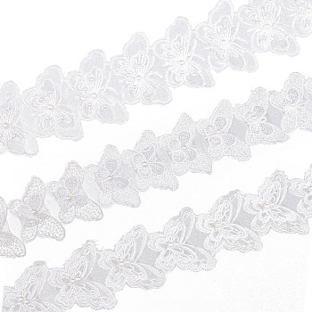 3 Yards 3 Styles Polyester Embroidery Butterfly Lace Trim, with Plastic Imitation Pearl Beads, White, 2-7/8 inch(72mm), 1 yard/style