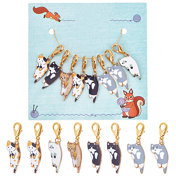 8Pcs 8 Style Alloy Enamel Cat Pendants Decoration, with Zinc Alloy Lobster Claw Clasps, Mixed Color, 40.5mm, 1pc/style