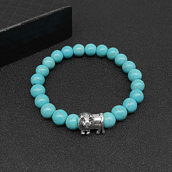 Synthetic Turquoise Stretch Bracelets for Women Men, with Tibetan Style Animals Alloy Beads, Lion, No Size