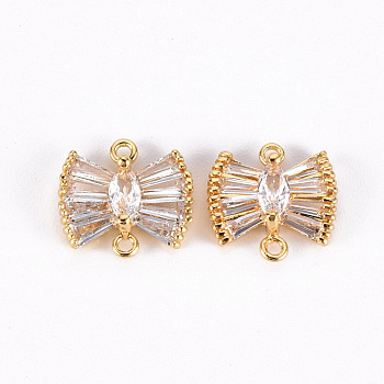 Brass Micro Pave Clear Cubic Zirconia Link Connectors, Nickel Free, Bowknot, Real 18K Gold Plated, 10x10.5x4mm, Hole: 1mm