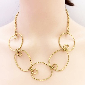 304 Stainless Steel Textured Ring Link Bib Necklaces for Women, Ion Plating(IP), Real 18K Gold Plated, 19.69 inch(50cm)