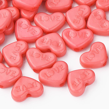 Opaque Acrylic Beads, Dyed, Heart with Word Love, Tomato, 10x13.5x4.5mm, Hole: 1.8mm, about 2300pcs/500g