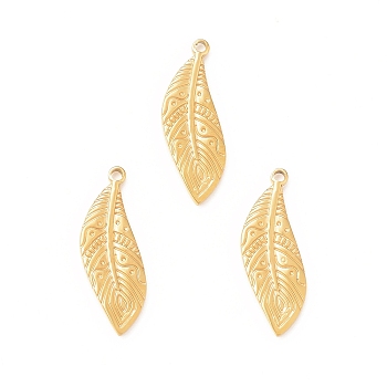 304 Stainless Steel Pendants, Leaf, Real 18K Gold Plated, 23x9x1.2mm, Hole: 1.4mm
