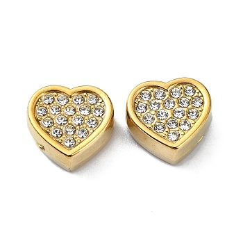 304 Stainless Steel Beads, with Rhinestone, Heart, Real 18K Gold Plated, 13x13.5x6.3mm, Hole: 2mm