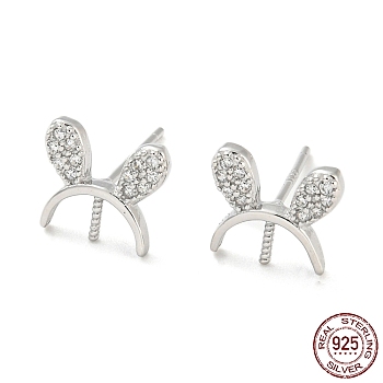 Rhodium Plated Rabbit Ear 925 Sterling Silver Micro Pave Clear Cubic Zirconia Stud Earring Findings, for Half Drilled Beads, with S925 Stamp, Real Platinum Plated, 8.5x9.5mm, Pin: 10.5x0.7mm and 0.7mm