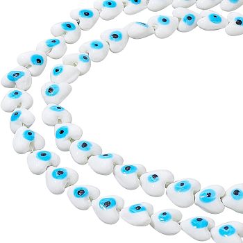 Nbeads 2 Strands Heart Evil Eye Lampwork Beads Strands, White, 15x15x9mm, Hole: 2mm, about 24pcs/strand, 11.40 inch(28.95cm)