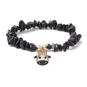 Natural Obsidian Chips Stretch Bracelets, with Alloy Enamel Cattle Charms, Inner Diameter: 2~2-1/8 inch(5.1~5.25cm)