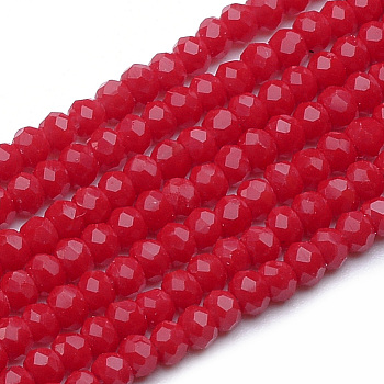 Opaque Glass Beads Strands, Imitation Jade, Faceted, Rondelle, Red, 2.5~3.1x1.5~2.2mm, Hole: 0.5mm, about 150~160pcs/strand, 12.60 inch~13.39 inch(32~34cm)