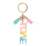 Alloy & Resin Tassel Keychains, Word LOVE, with Glitter Powder & Lobster Claw Clasps, Golden, Yellow, 130mm(AJEW-TADJ0001-18A)