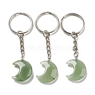Reiki Natural Green Aventurine Moon Pendant Keychains, with Iron Keychain Rings, 7.8cm(KEYC-P015-01P-11)
