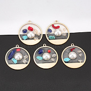Epoxy Resin Pendants, with Natural & Synthetic Gemstone Chip, Alloy Findings and ABS Plastic Imitation Pearl, Flat Round, Matte Gold Color, 33x30.5x6mm, Hole: 1.5mm(PALLOY-T070-24)