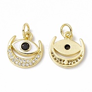 Rack Plating Brass Micro Pave Clear Cubic Zirconia Charms, with Enamel and Jump Ring, Long-Lasting Plated, Cadmium Free & Lead Free, Moon with Eye, Real 18K Gold Plated, 13x12x2mm Jump Ring: 5x1mm, Inner Diameter: 3mm(ZIRC-C041-25G)