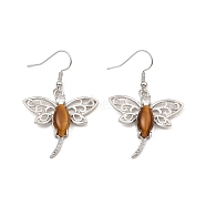 Natural Tiger Eye Dragonfly Dangle Earrings, Platinum Brass Earrings, 47x30mm(G-Z033-14P-03)