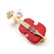 Violin Alloy Brooch with Resin Pearl, Exquisite Musical Instruments Lapel Pin for Girl Women, Golden, Red, 49x20x13mm, Pin: 0.8mm(JEWB-O009-01)