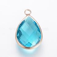 Glass Pendants, with Brass Findings, Faceted, Drop, Light Gold, Sky Blue, 22x13.5x6mm, Hole: 1.8~2.3mm(GLAA-S110-09)