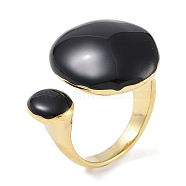 Oval 304 Stainless Steel Open Cuff Ring for Women, with Epoxy Resin, Real 18K Gold Plated, Black, US Size 7 3/4(17.9mm)(RJEW-C099-04G-01)