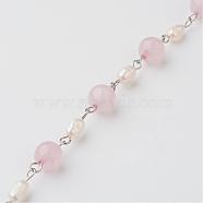 Handmade Chains for Necklaces Bracelets Making, with Rose Quartz, Grade A Natural Freshwater Pearl and 304 Stainless Steel Eye Pin, Unwelded, 39.37 inch(1m)(AJEW-JB00261-02)