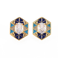 Brass Micro Pave Clear Cubic Zirconia Stud Earrings, with Enamel and Ear Nuts, Hexagon, Cadmium Free & Nickel Free & Lead Free, Real 16K Gold Plated, Blue, 15x12mm, Pin: 0.8mm(EJEW-S210-016C-NR)