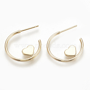 Brass Stud Earring Findings, Half Hoop Earrings, Heart, Nickel Free, Real 18K Gold Plated, 20x24x1.5mm, Pin: 0.7mm(KK-S345-185)