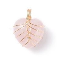Natural Rose Quartz Pendants, with Light Gold Tone Copper Wire Wrapped, Heart, 26x21x16mm, Hole: 6mm(PALLOY-JF01282-04)