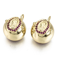 Brass Micro Pave Cubic Zirconia Pendants, with Jump Rings, Nickel Free, Round with Nun, Real 16K Gold Plated, Medium Violet Red, 15x14x12mm, Jump Ring: 5x0.7mm, Inner Diameter: 3mm(ZIRC-S067-111B-NF)