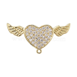 Brass Micro Pave Clear Cubic Zirconia Brooch Findings, with Loops, Heart with Angel Wing, Real 18K Gold Plated, 34x16x6.5mm, Hole: 1.2mm(JEWB-YW0001-02G)