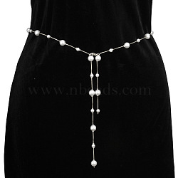 Alloy & Plastic Imitation Pearl Round Beads Bar Link Tassel Waist Chains for Women, White, Platinum, 1100mm(WG258D9-02)