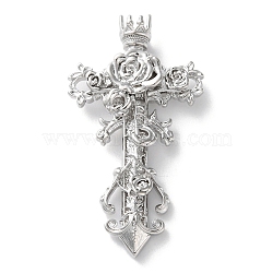Brass Pendants, Cross with Flower Charms, Rack Plating, Long-Lasting Plated, Lead Free & Cadmium Free, Platinum, 41.5x22x4.5mm, Hole: 2.5x1.5mm(KK-L227-011P)