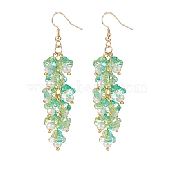 Trumpet Flower Shape Glass & Imitation Pearl Beaded Dangle Earrings, Golden Brass Cluster Long Drop Earrings for Women, Spring Green, 70mm, Pin: 0.6mm(EJEW-JE05100-05)