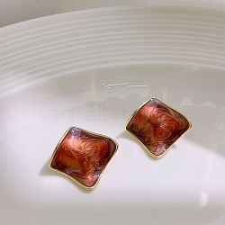 Brass Enamel Stud Earrings, Caramel Amber Style, Real 14K Gold Plated, Rhombus, 24.5x27mm(EJEW-B120-01G-02)