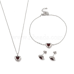 Heart 304 Stainless Steel Micro Pave Cubic Zirconia Pendant Necklaces & Bracelets & Stud Earrings Sets for Women, Red, 7.48 inch(190mm)(SJEW-C004-13P-02)