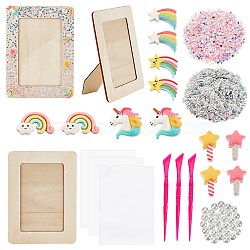 DIY Photo Frame Making Kit, Including Natural Wood Picture Frame, Star & Unicorn & Rainbow Opaque Resin Cabochons, Plastic Double Head Clay Sculpture Knifes, Nail Art Sequins/Paillette, Mixed Color, 1~194x1~143x0.02~4.5mm(DIY-OC0010-44)