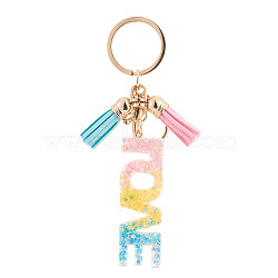 Alloy & Resin Tassel Keychains, Word LOVE, with Glitter Powder & Lobster Claw Clasps, Golden, Yellow, 130mm(AJEW-TADJ0001-18A)