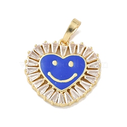 Rack Plating Brass Micro Pave Clear Cubic Zirconia Pendants, with Enamel, Long-Lasting Plated, Lead Free & Cadmium Free, Real 18K Gold Plated, Heart with Smile, Blue, 20x19x2.5mm, Hole: 6.5x3.5mm(KK-A224-15G-05)