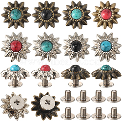 24 Sets 8 Style Zinc Alloy Buttons, with Synthetic Turquoise and Iron Screws, for Purse, Bags, Leather Crafts Decoration, Chrysanthemum, Mixed Color, 13x6mm, Hole: 2.5mm, 3 sets/style(FIND-CP0001-86)